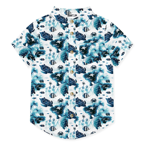 Kids Turquoise Turtle & Friends Short-Sleeve Button-Up