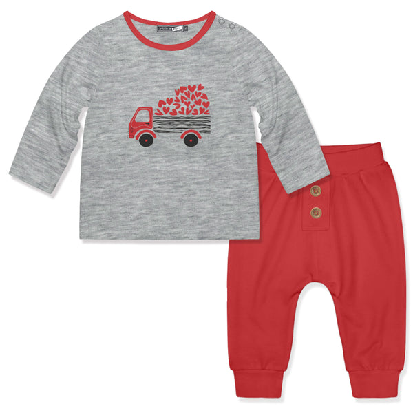 Heather Gray Truck Heart Snap-Up Long-Sleeve Tee & Red Joggers