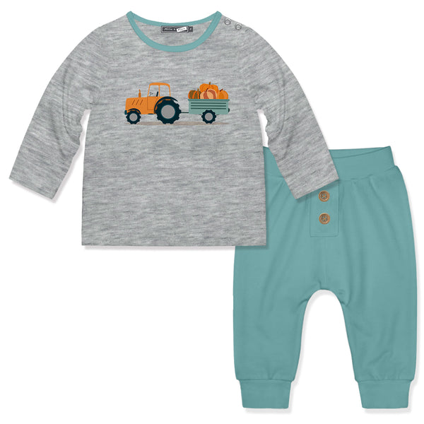 Heather Gray Pumpkin Truck Snap-Up Long-Sleeve Tee & Nile Blue Joggers