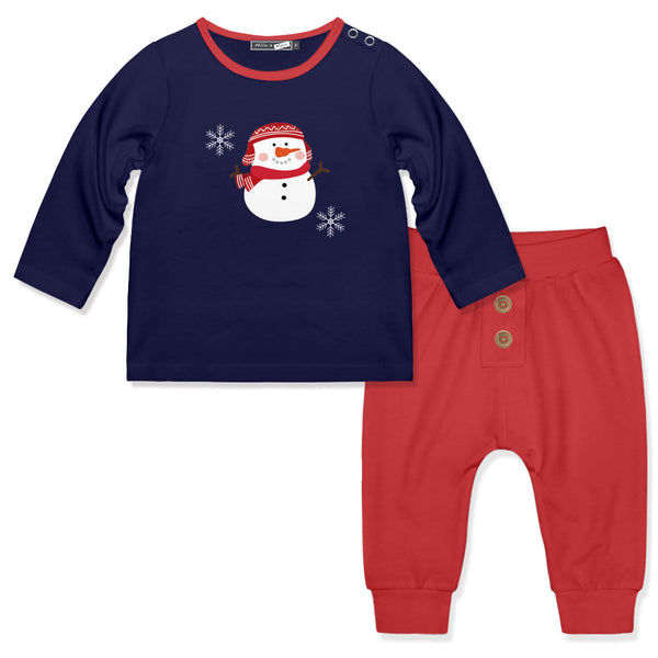 Kids Navy Snowman Long Sleeve Tee & Red Joggers