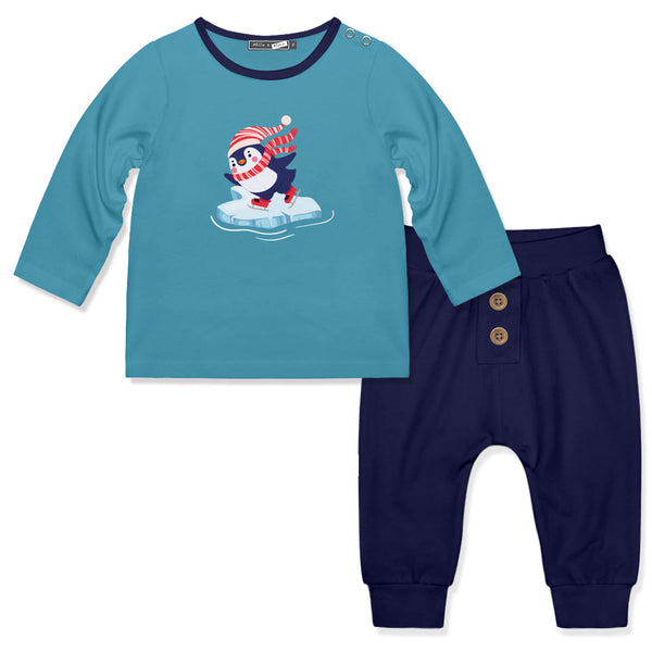 Kids Turquoise Penguin Long Sleeve Tee & DK Navy Joggers