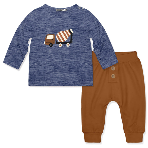 Navy Heather Mixer Truck Snap-Up Long-Sleeve Tee & Caramel Cafe Joggers