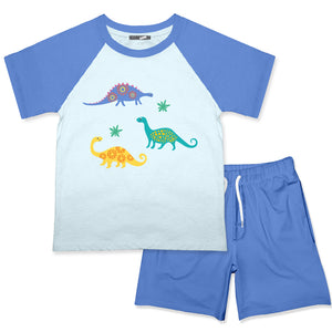 Boys ice blue dinosaur printed top and  blue shorts on a white background, front