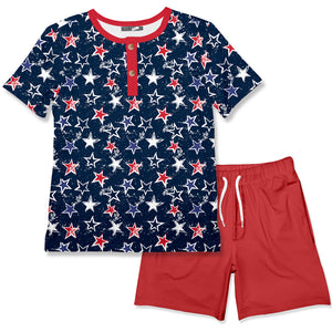 Boys red, white and blue stars printed henley and red shorts on a white background, front.