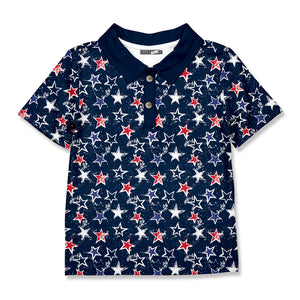 Boys red, white and blue stars printed polo on a white background, front.