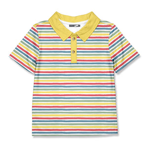 Boys multi colored stripe polo on a white background, front