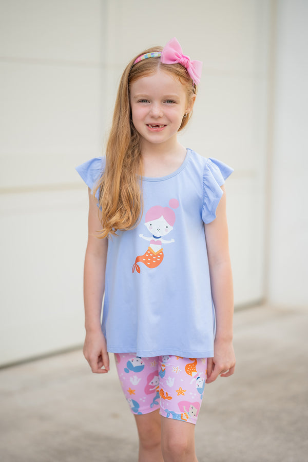 Periwinkle Hi-Low Top & Mermaid Swim Bike Shorts