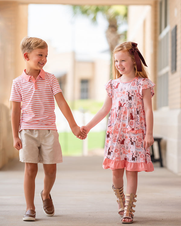 Coral Pretty Kitty Patch-Pocket Angel-Sleeve Dress