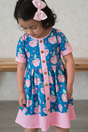 Kids Blue Iris Apple Flowers Button-Up A-Line Dress