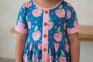 Kids Blue Iris Apple Flowers Button-Up A-Line Dress