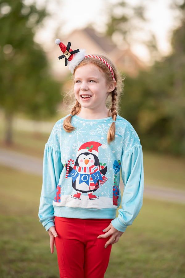 Mint Penguin Velour Sweatshirt & Red Leggings