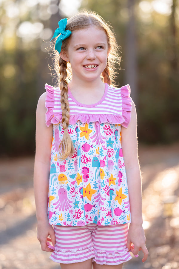 Violet Ocean Wonder Sleeveless Top & Stripe Bow Shorts