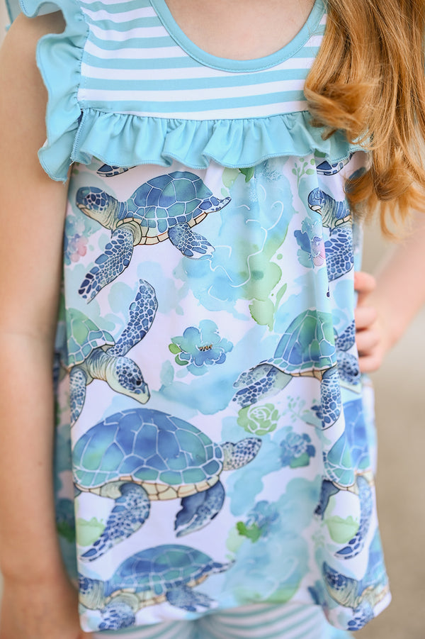 Mint Turtle Wonder Ruffle Sleeveless Top & Stripe Bow Shorts
