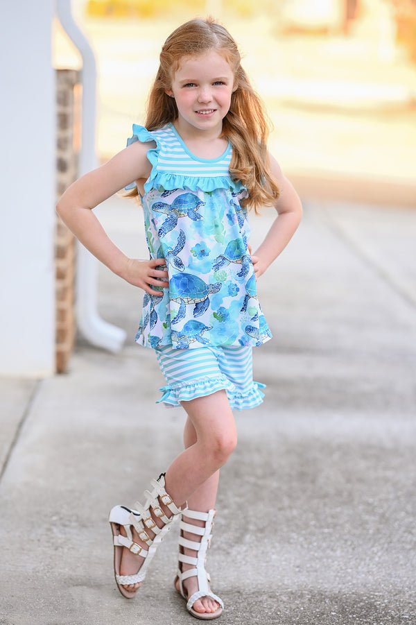 Mint Turtle Wonder Ruffle Sleeveless Top & Stripe Bow Shorts