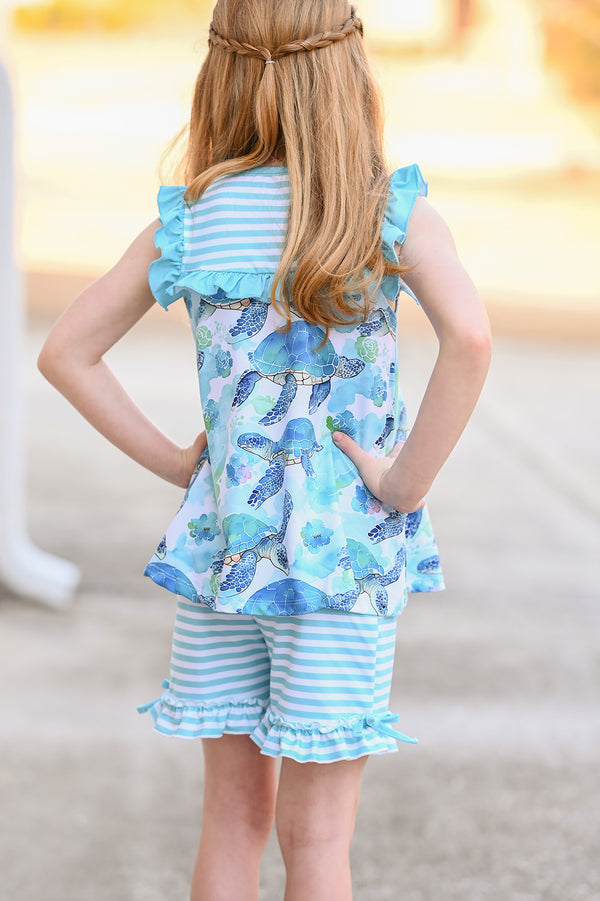 Mint Turtle Wonder Ruffle Sleeveless Top & Stripe Bow Shorts