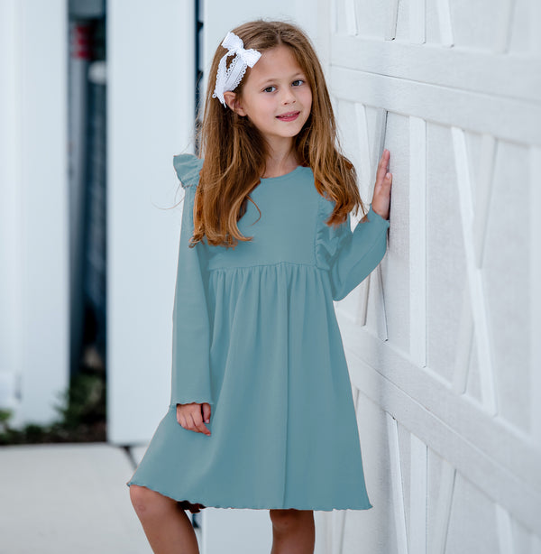 Kids Nile Blue Ribbed Ruffle-Shoulder A-Line Dress