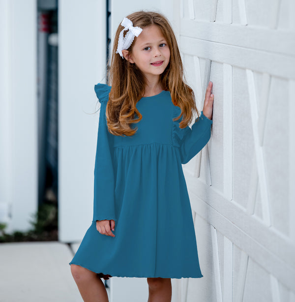 Kids Teal Ribbed Ruffle-Shoulder A-Line Dress