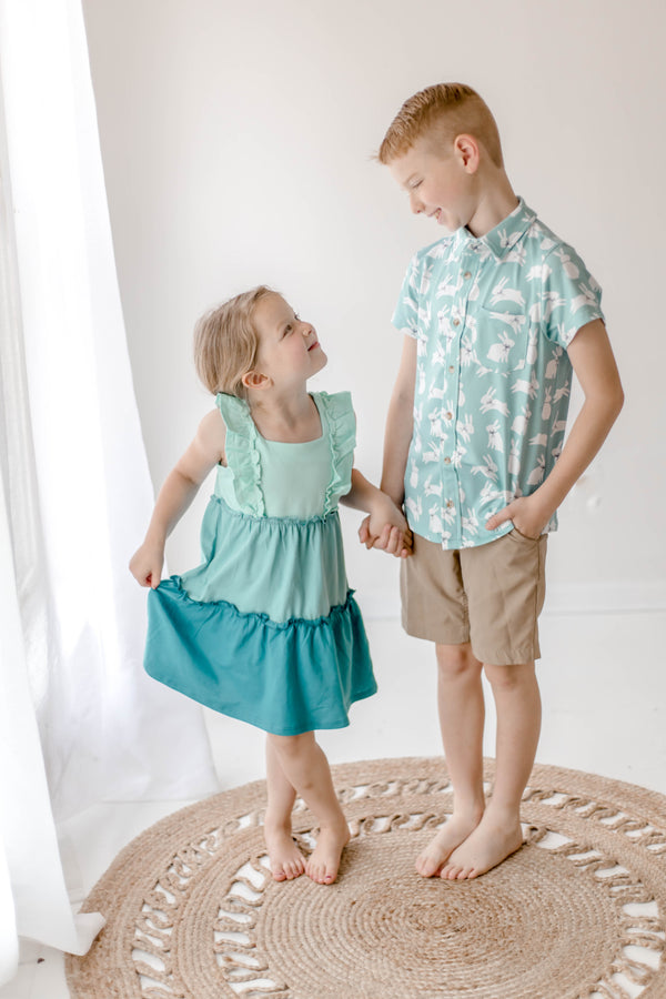 Nile Blue Color Block Tiered  Dress