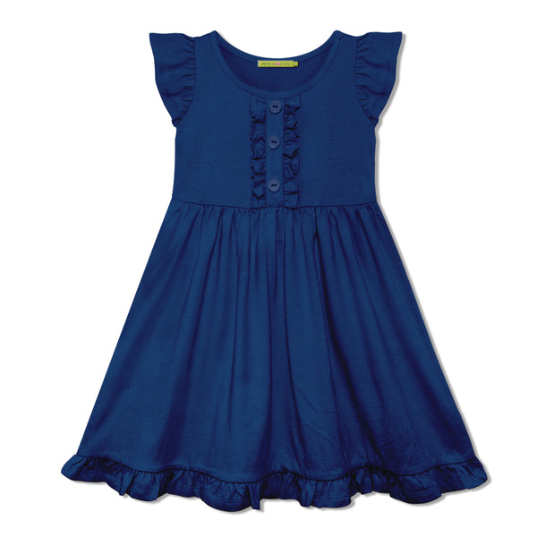 Navy Button-Front Angel-Sleeve Dress