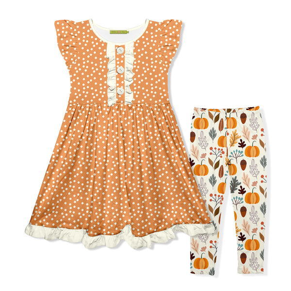 Kids Rust Dot Button-Front Dress & Autumn Frost Leggings