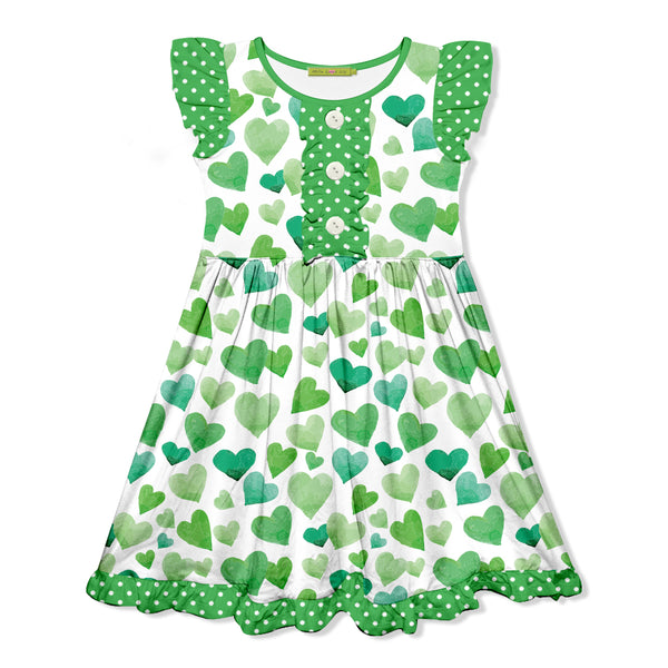 White & Green Heart Button-Front Angel-Sleeve Dress