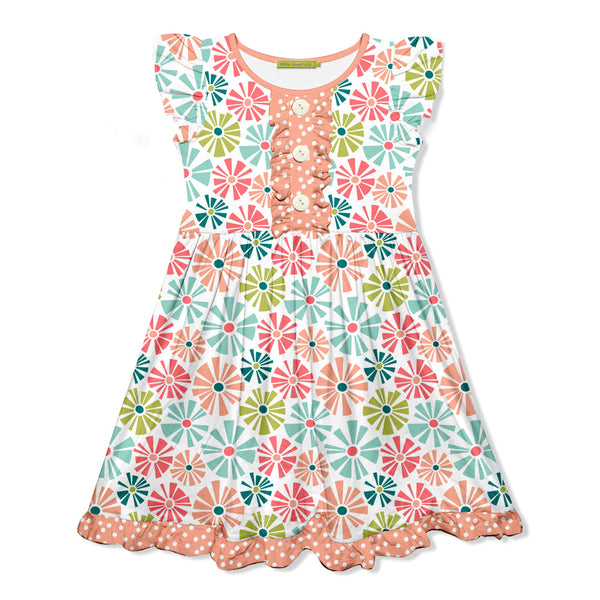Kids Coral Pinwheel Button-Front Angel-Sleeve Dress