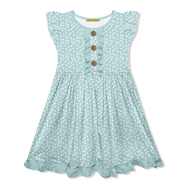 Dusty Blue Dot Button-Front Angel-Sleeve Dress