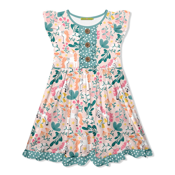 Kids Coral Horses Button-Front Angel-Sleeve Dress