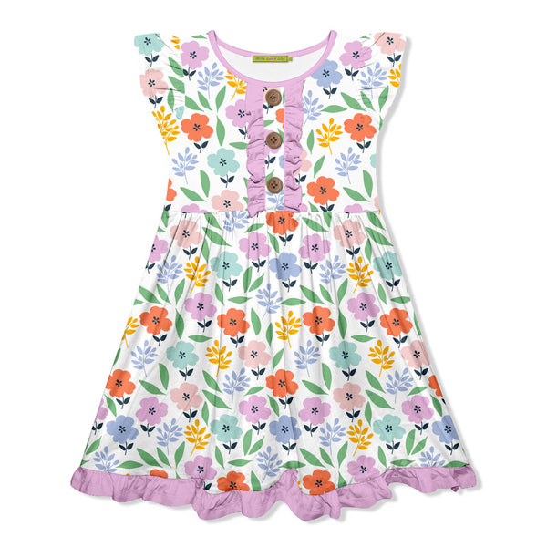 Kids Lilac Spring Flower Button-Front Angel-Sleeve Dress