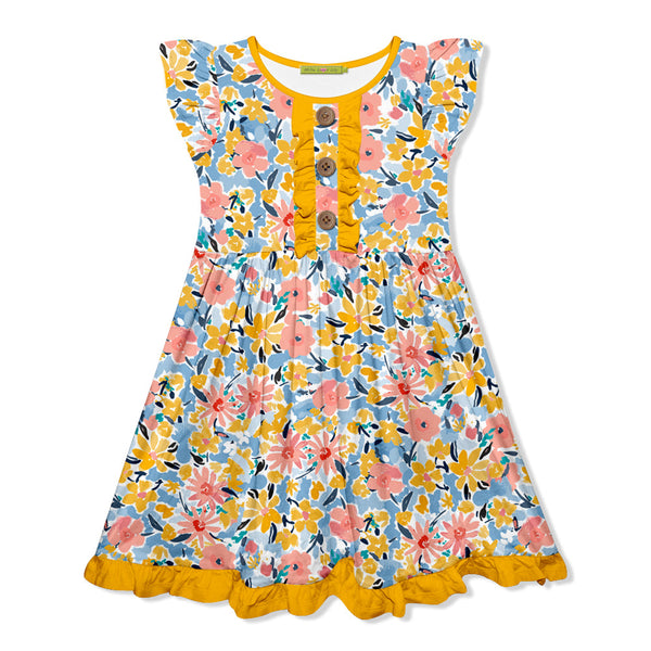 Kids Marigold Flower Button-Front Angel-Sleeve Dress