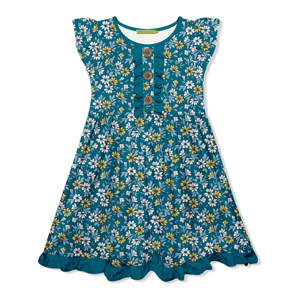 Kids Teal Mini Flower Button-Front Angel-Sleeve Dress