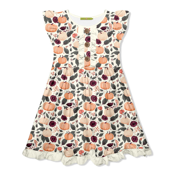 Kids Cream Peachy Pumpkin Button-Front Angel-Sleeve Dress