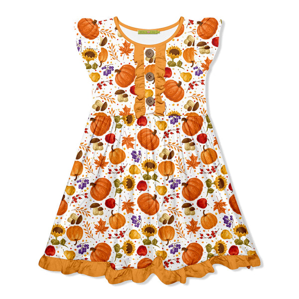 Kids Orange Sunflowers & Pumpkins Button-Front Angel-Sleeve Dress
