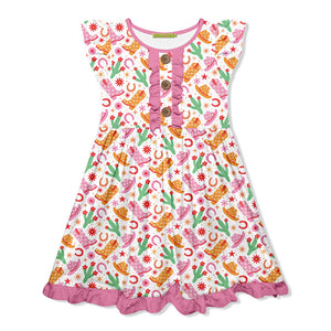 Kids Pink Western Style Button-Front Angel-Sleeve Dress