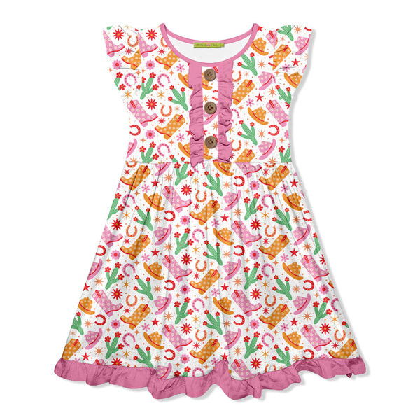 Kids Pink Western Style Button-Front Angel-Sleeve Dress