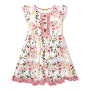 Kids White Wild Roses Button-Front Angel-Sleeve Dress