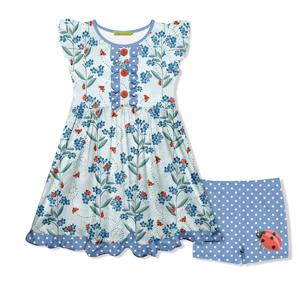 Pale Blue Ladybug Floral Button-Front A-Line Dress & Polka Dot Shorts