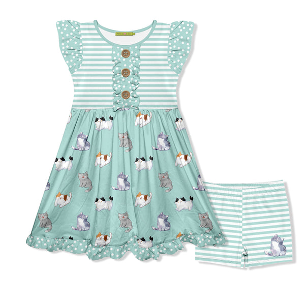 Mint Kitty Dreams Button-Front A-Line Dress & Stripe Shorts