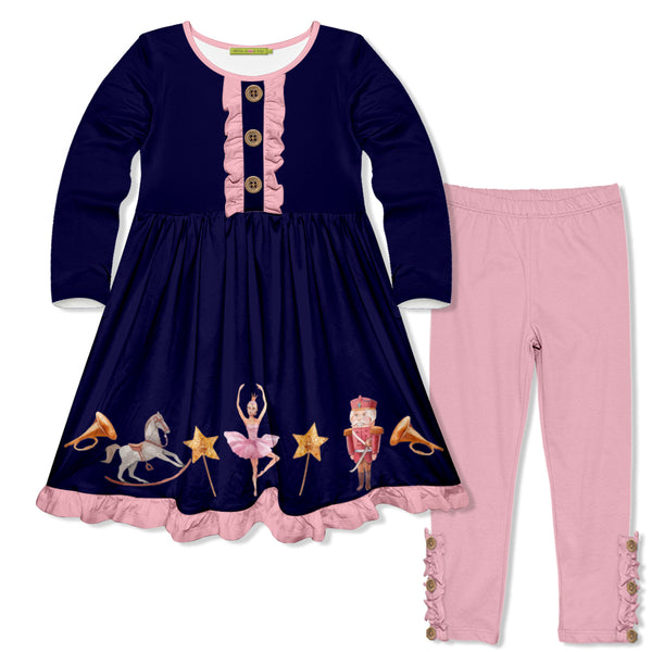 Navy Nutcracker Dreams Button-Front Dress & Dusty Pink Button Leggings