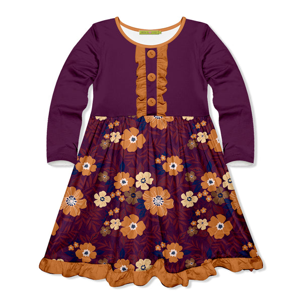 Plum Floral Long-Sleeve A-Line Dress