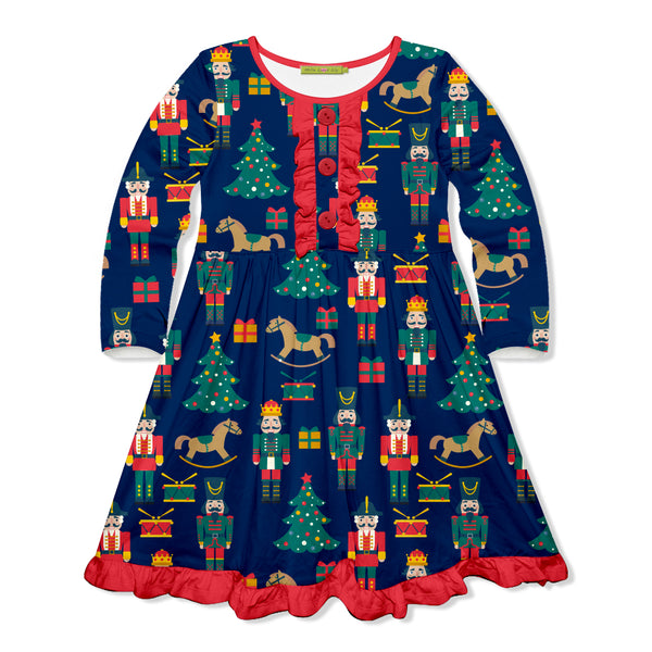 Navy & Red Christmas Dreams Ruffle-Trim A-Line Dress