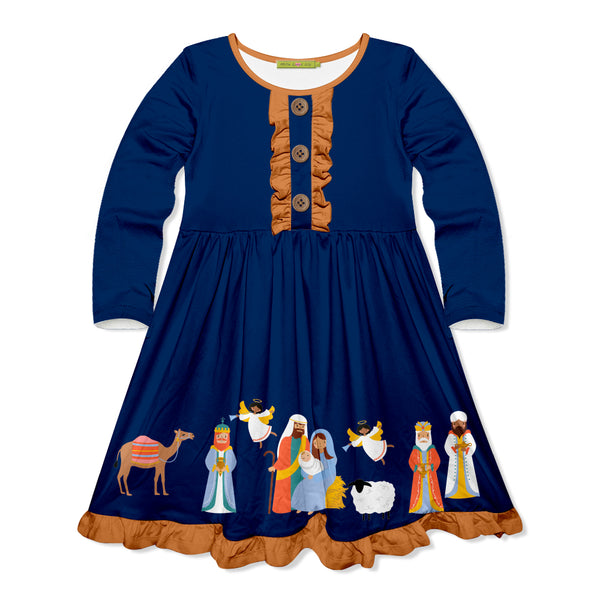 Navy Nativity Border Button-Front Dress