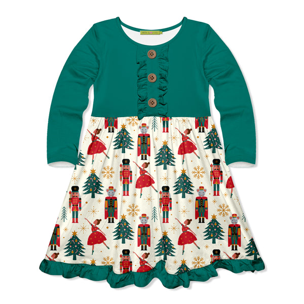 Cream & Green Nutcracker Dance Button-Front Dress