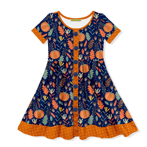 Navy Autumn Leaves Button-Up A-Line Dress