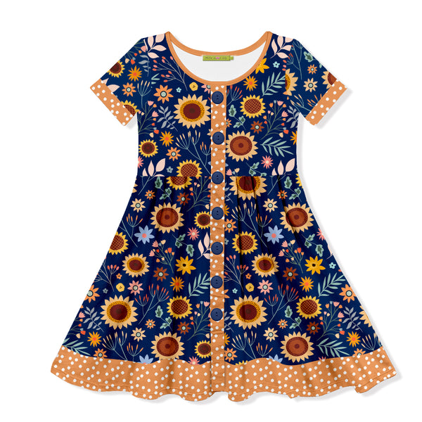 Navy Sunflowers Button-Up A-Line Dress