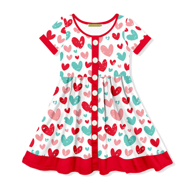 White & Red Heart Button-Up A-Line Dress