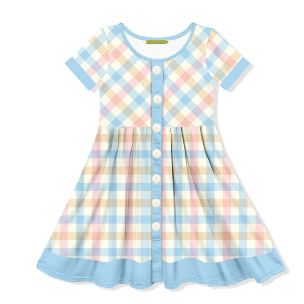 Light Blue & Pink Pastel Plaid Button-Up A-Line Dress