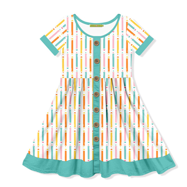 Kids Turquoise Pencils Button-Up A-Line Dress