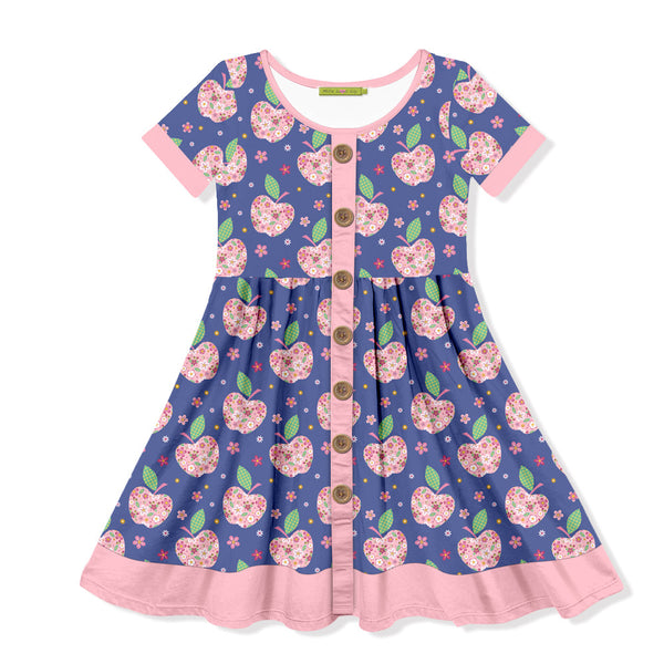 Kids Blue Iris Apple Flowers Button-Up A-Line Dress