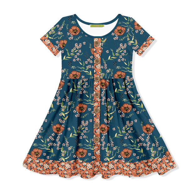 Kids Teal Poppy Floral Button-Up A-Line Dress